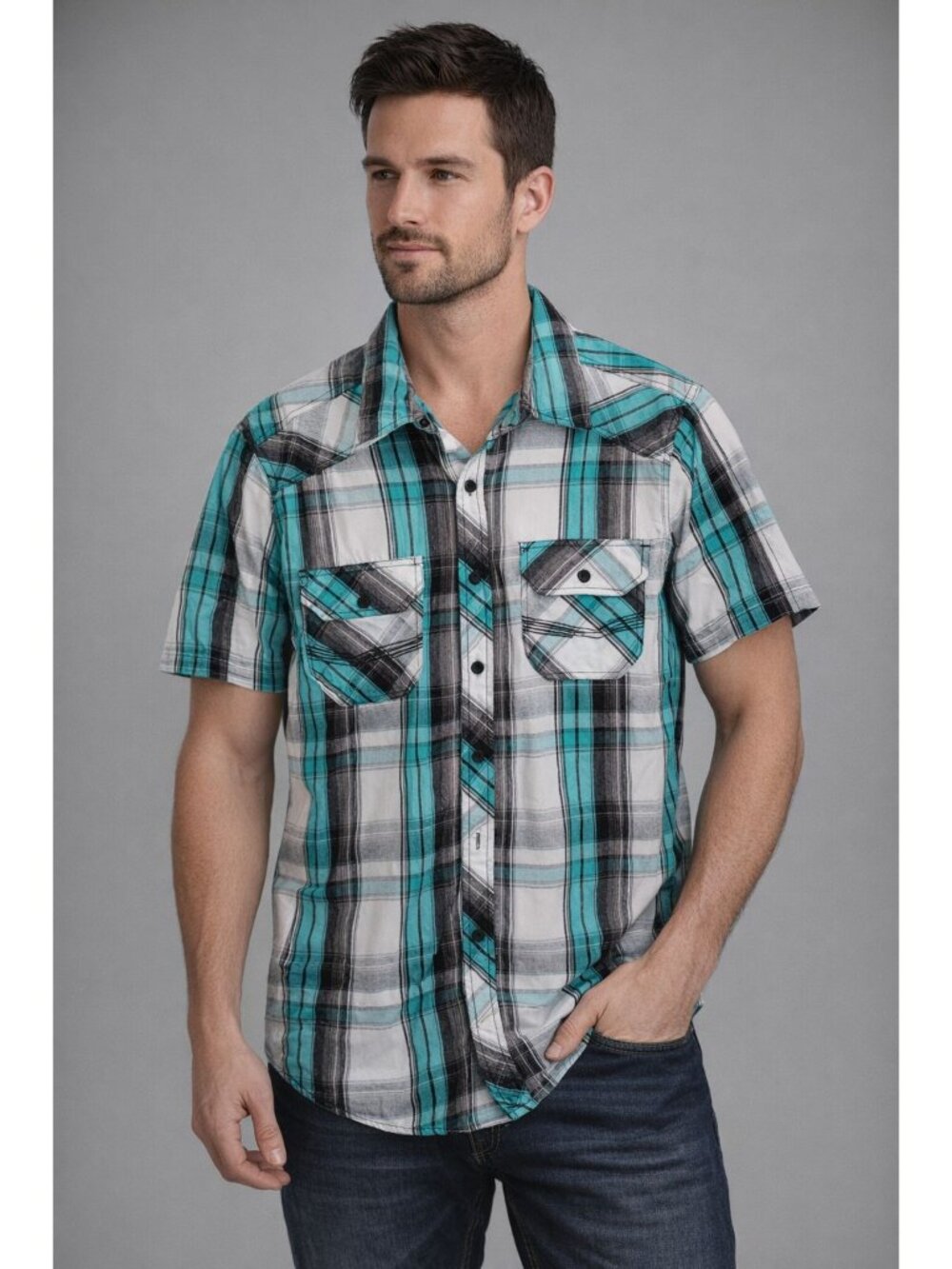Manchine Shirt Men Medium Black, White, Teal Buttoned Up Short Sleeve